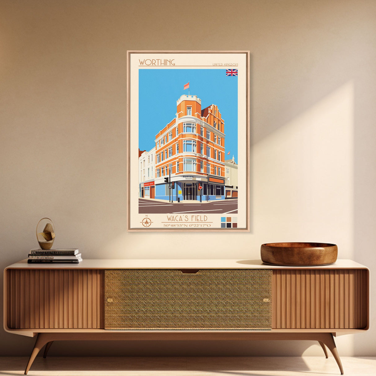 Worthing United Kingdom Travel Poster Framed Canvas Print, Midcentury Modern Art, Pop Art Wall Decor, Living Room Art, Home Decoration