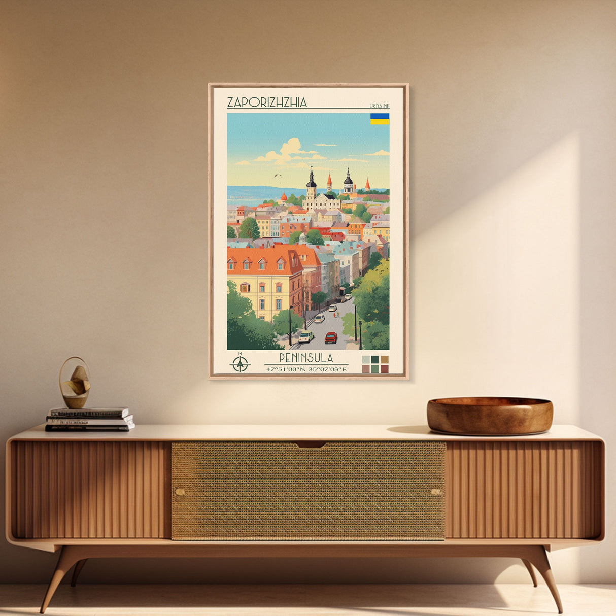 Zaporizhzhia Ukraine Travel Poster Framed Canvas Print, Midcentury Modern Art, Pop Art Wall Decor, Living Room Art, Scenic Wall Art