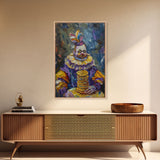 Whimsical Clown with Pancakes Framed Canvas Print | Halloween Circus Art | Spooky Clown Decor | Fun Circus Clown Art for Home Decoration