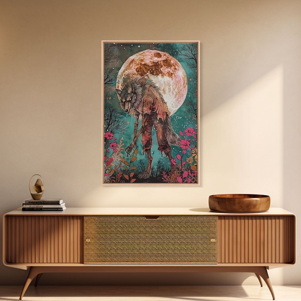 Werewolf Among Flowers and Full Moon Framed Canvas Print | Halloween Monster Art | Spooky Werewolf Decor for Home | Floral and Moon Artwork