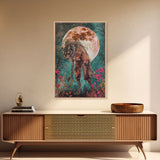 Werewolf Among Flowers and Full Moon Framed Canvas Print | Halloween Monster Art | Spooky Werewolf Decor for Home | Floral and Moon Artwork