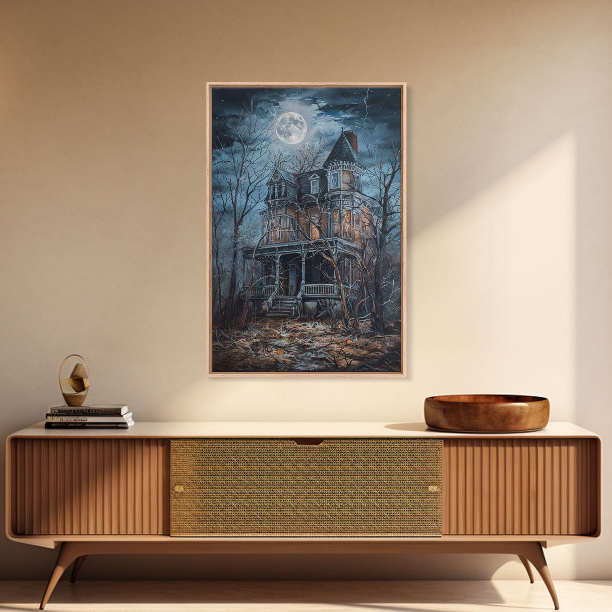 Abandoned House Under Moon Full Halloween Art, Spooky Mansion, Haunted Home, Creepy Decor, Gothic Artwork, Framed Canvas Print