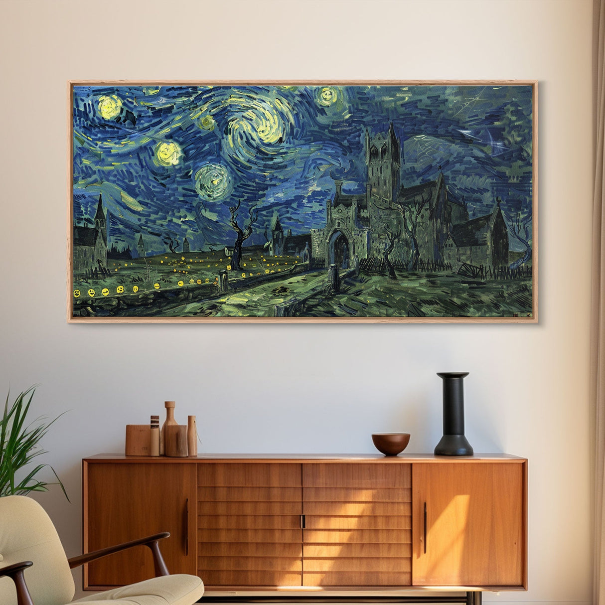 The Haunted Castle - Framed Canvas Print - Halloween Decor - Starry Night Inspired Dark Academia Halloween Wall Art