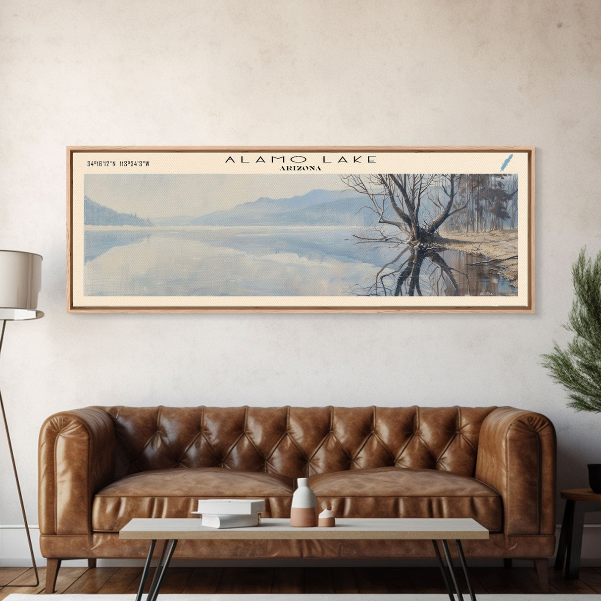 Alamo Lake Arizona Panoramic Framed Canvas Print, Lake House Decor, Minimalist Art, Travel Poster, Wood Wall Art, Scenic Painting