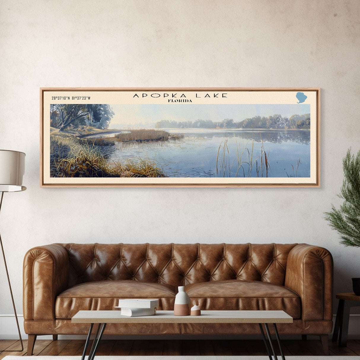 Apopka Lake Panoramic Framed Canvas Print, Lake House Art, Vintage Style, Travel Poster, Nature Scene, Scenic Artwork