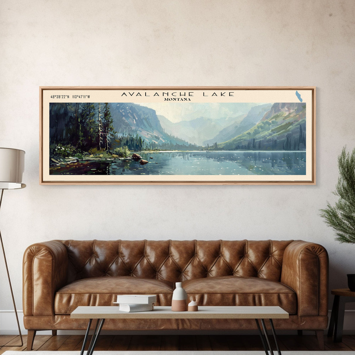 Avalanche Lake Montana Panoramic Framed Canvas Print, Lake House Art, Boho Decor, Travel Poster, Nature Wall Art, Serene Scene