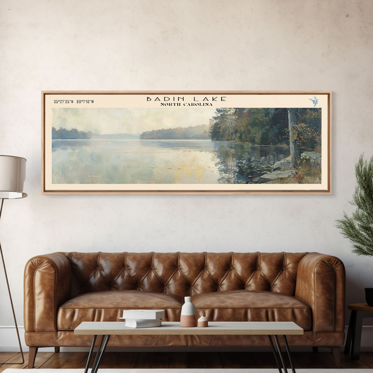 Badin Lake North Carolina Panoramic Framed Canvas Print, Lake House Art, Modern Decor, Travel Poster, Scenic View, Home Decoration