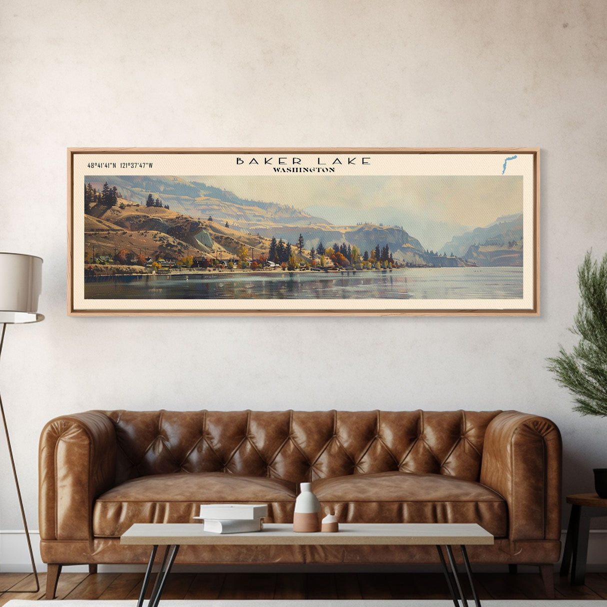 Baker Lake Washington Panoramic Framed Canvas Print, Lake House Art, Boho Decor, Travel Poster, Nature Wall Art, Serene Scene