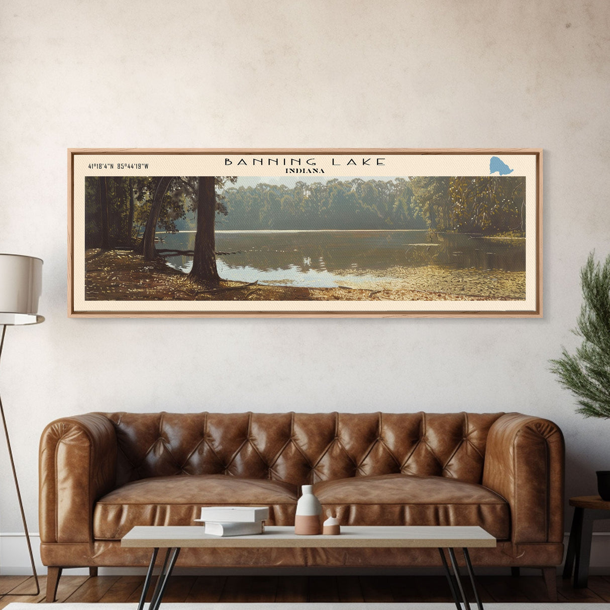 Banning Lake Indiana Framed Canvas Print, Lake House Decor, Panoramic Scenic Painting, Travel Poster, Rustic Art, Nature Wall Art