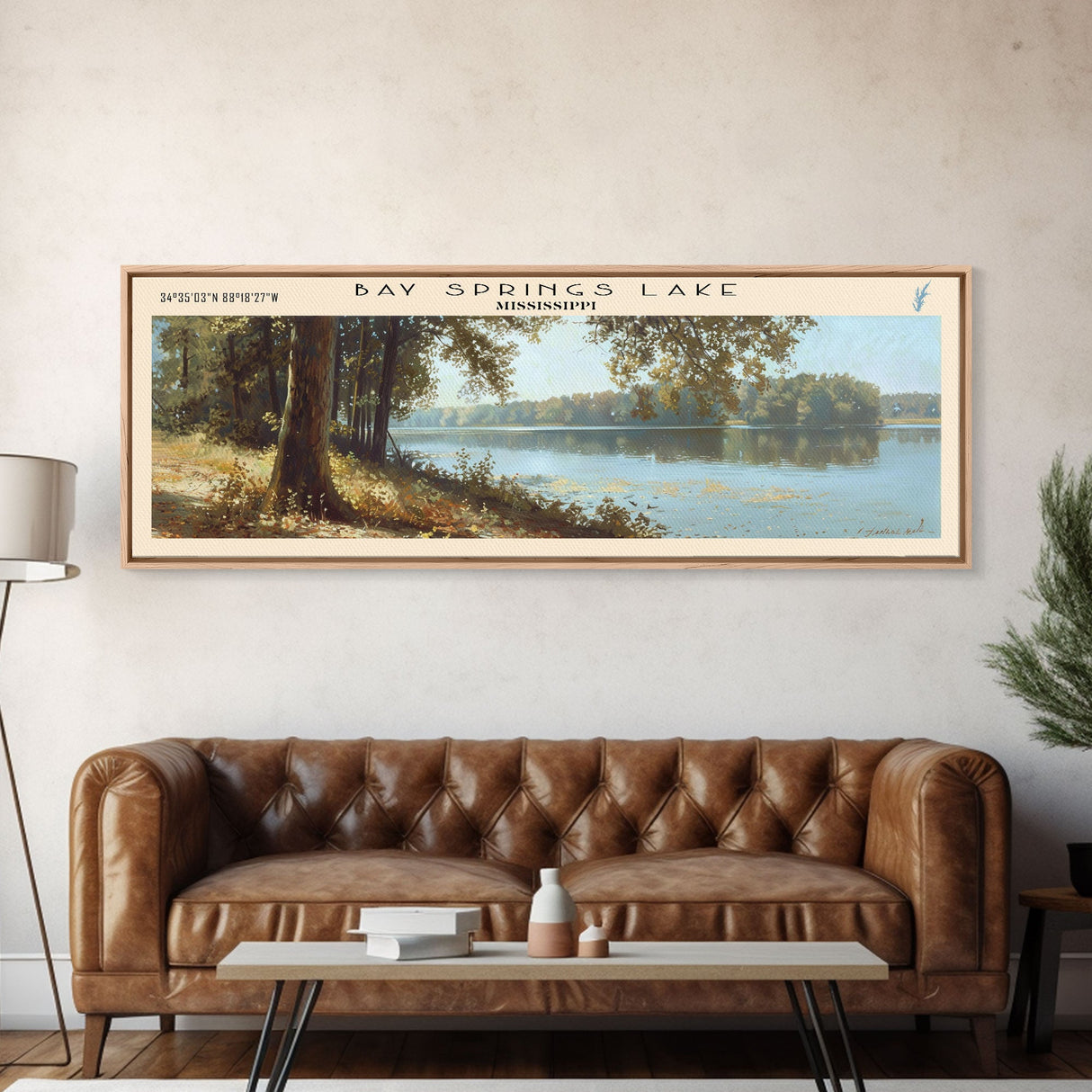 Bay Springs Lake Mississippi Framed Canvas Print, Panoramic Lake House Art, Scenic Painting, Travel Poster, Modern Decor, Nature Scene