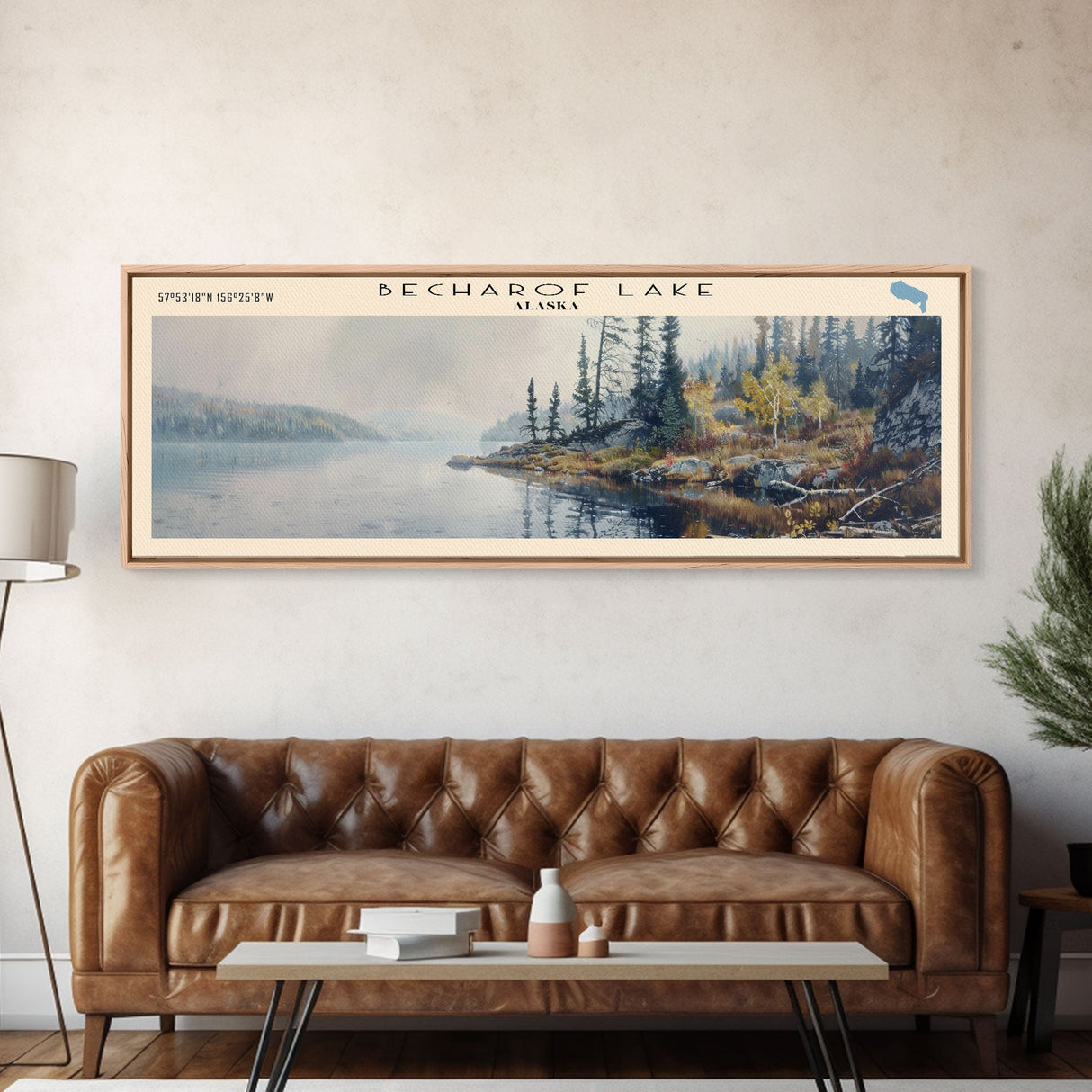 Becharof Lake Panoramic Framed Canvas Print, Lake House Decor, Scenic View, Travel Poster, Modern Art, Nature Scene