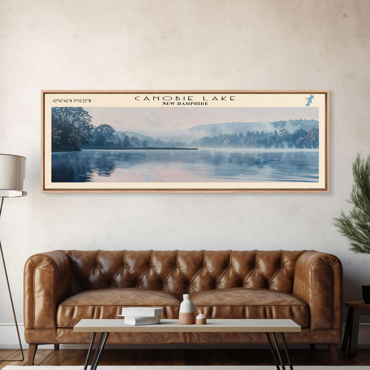 Canobie Lake New Hampshire Framed Canvas Print, Panoramic Lake House Art, Wall Art, Travel Poster, Modern Lake Painting, Nature Art