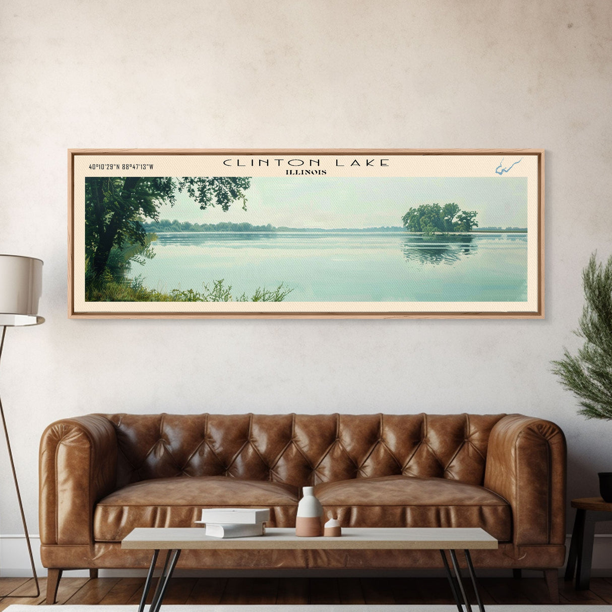 Clinton Lake Illinois Framed Canvas Print, Panoramic Lake House Decor, Wide Wall Art, Travel Poster, Rustic Lake Painting, Nature Art