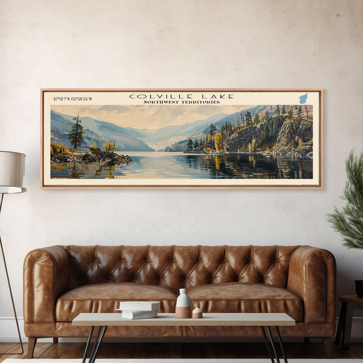 Colville Lake Framed Canvas Print, Lake House Decor, Panoramic Wide Art, Travel Poster, Modern Lake Painting, Nature Art