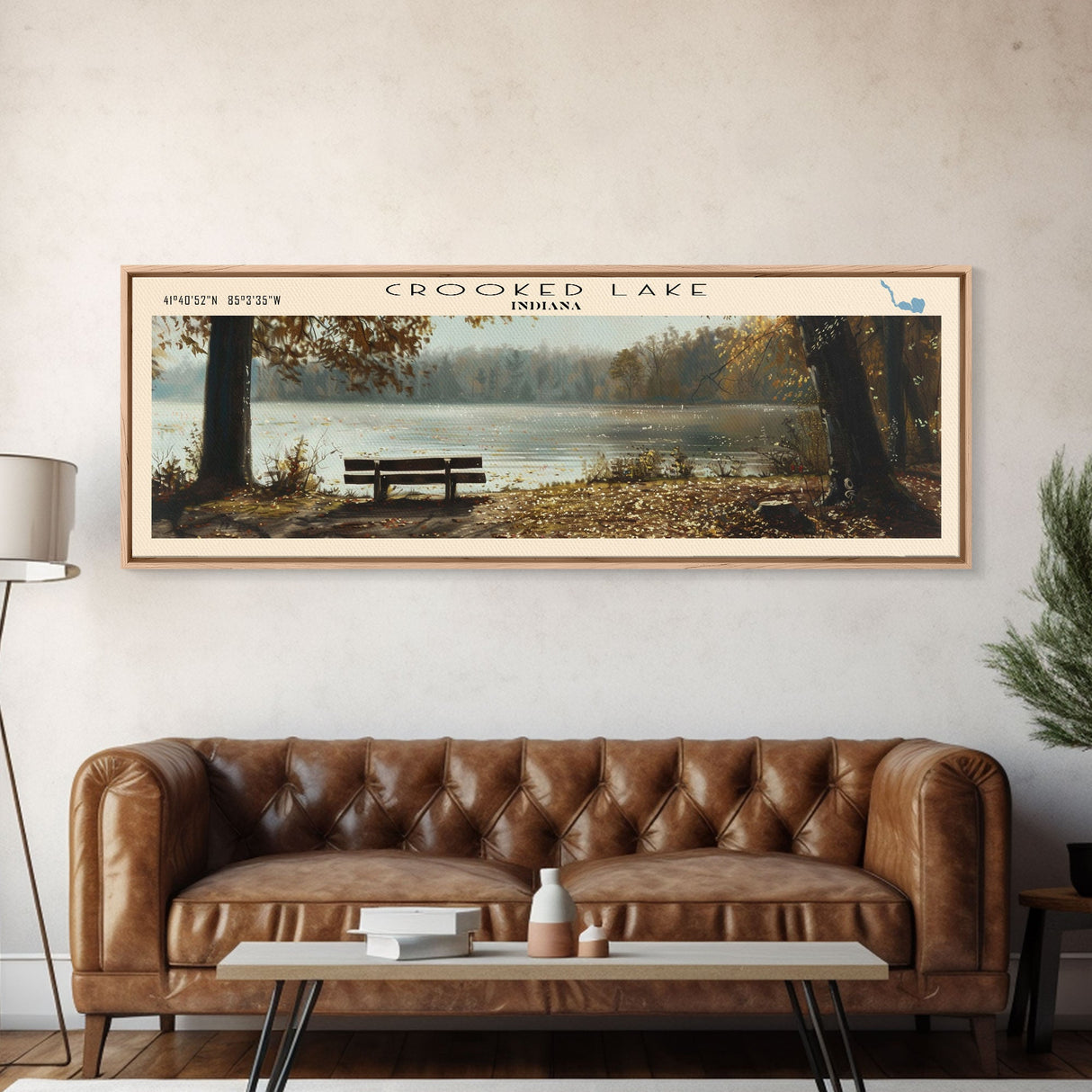 Crescent Lake Framed Canvas Print, Lake House Art, Panoramic Travel Poster, Wall Art, Modern Lake Painting, Home Decor