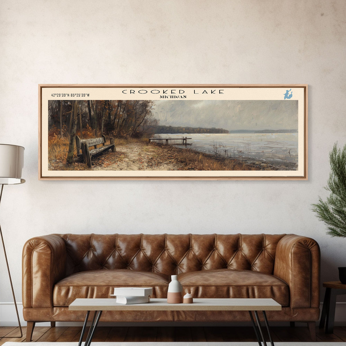 Crooked Lake Indiana Framed Canvas Print, Panoramic Lake House Decor, Wall Art, Travel Poster, Rustic Lake Painting, Nature Art