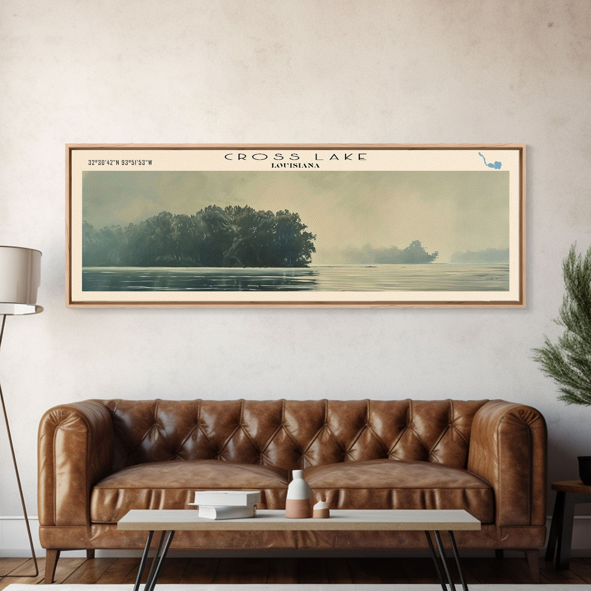 Cross Lake Louisiana Framed Canvas Print, Panoramic Lake House Decor, Wall Art, Travel Poster, Rustic Lake Painting, Nature Art