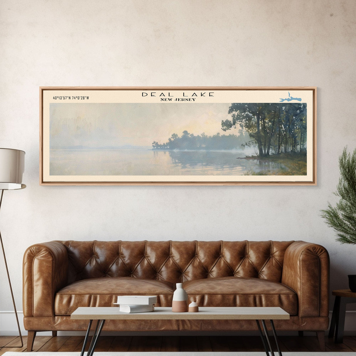 Deal Lake New Jersey Framed Canvas Print, Lake House Art, Panoramic Wall Art, Travel Poster, Rustic Lake Painting, Home Decor