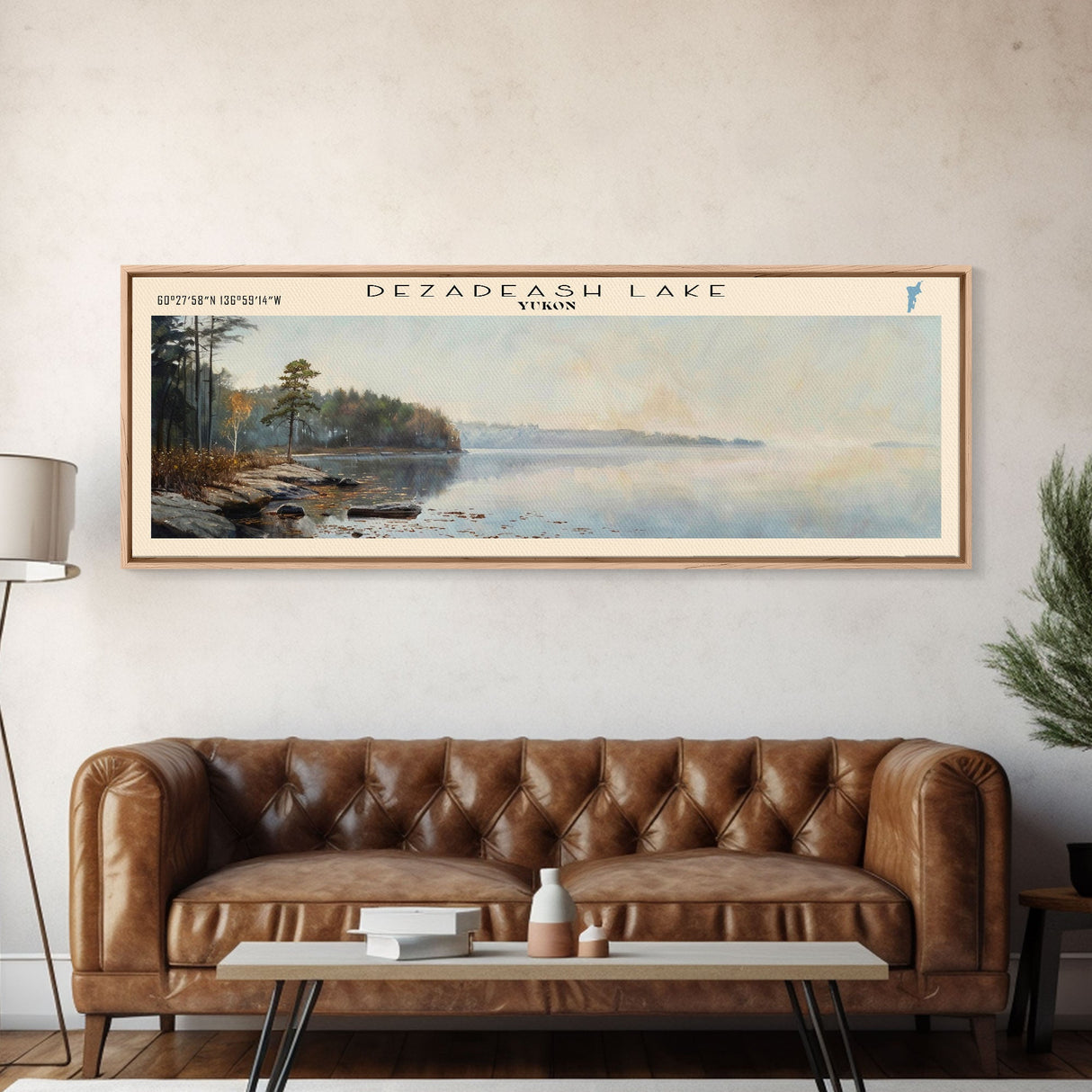 Dezadeash Lake Framed Canvas Print, Panoramic Lake House Decor, Wall Art, Travel Poster, Rustic Lake Painting, Nature Art