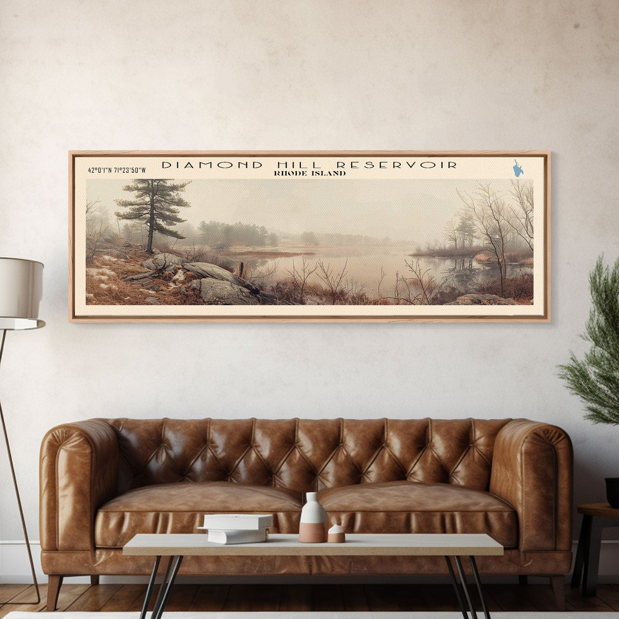 Diamond Hill Reservoir Rhode Island Framed Canvas Print, Panoramic Lake House Decor, Wall Art, Travel Poster, Rustic Lake Painting, Nature Art