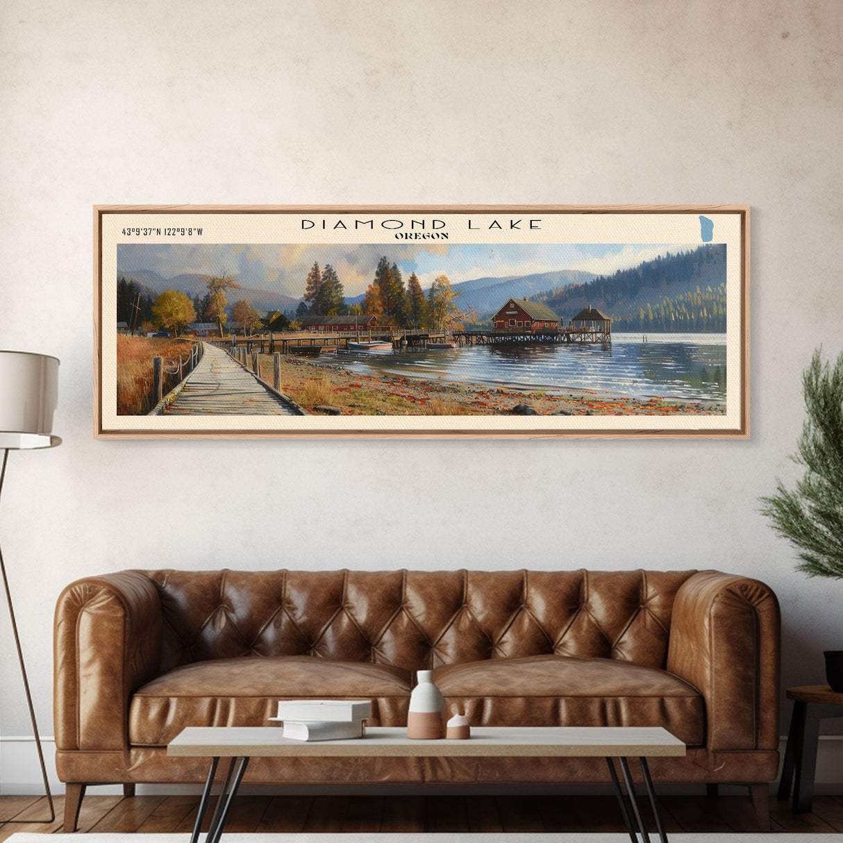 Diamond Lake Oregon Framed Canvas Print, Lake House Art, Panoramic Wall Art, Travel Poster, Modern Lake Painting, Home Decor