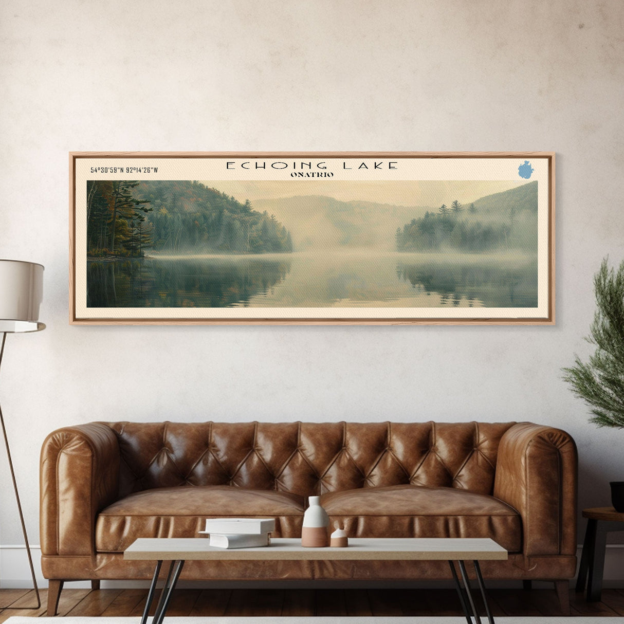 Echoing Lake Framed Canvas Print, Lake House Decor, Panoramic Wall Art, Travel Poster, Rustic Lake Painting, Home Decor