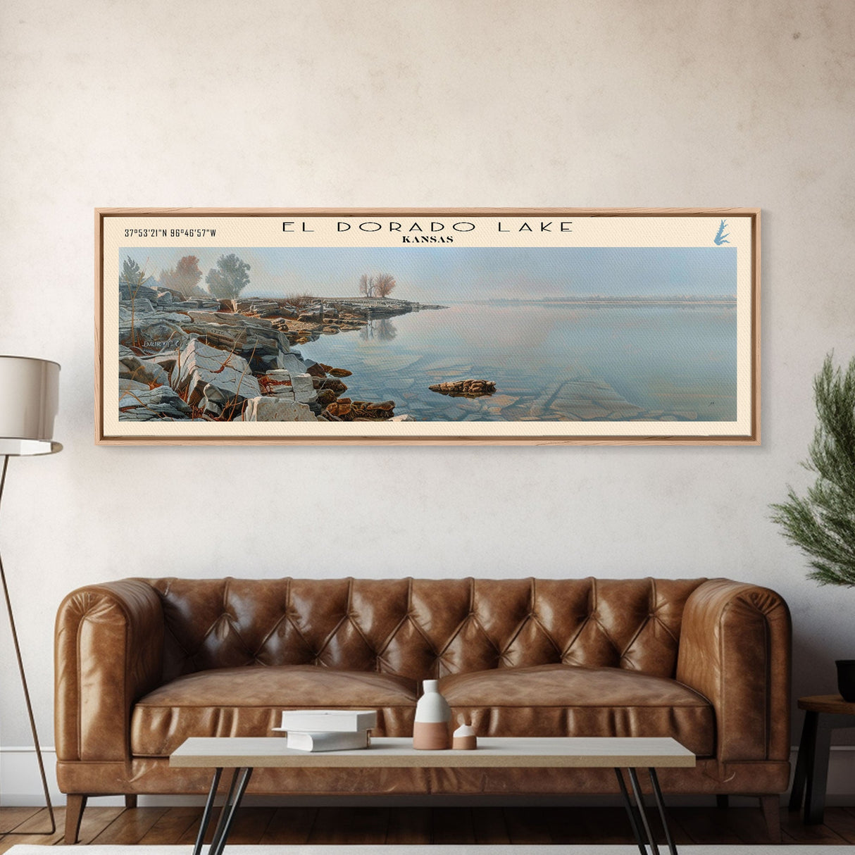 El Dorado Lake Kansas Framed Canvas Print, Lake House Decor, Panoramic Wall Art, Travel Poster, Rustic Lake Painting, Nature Art