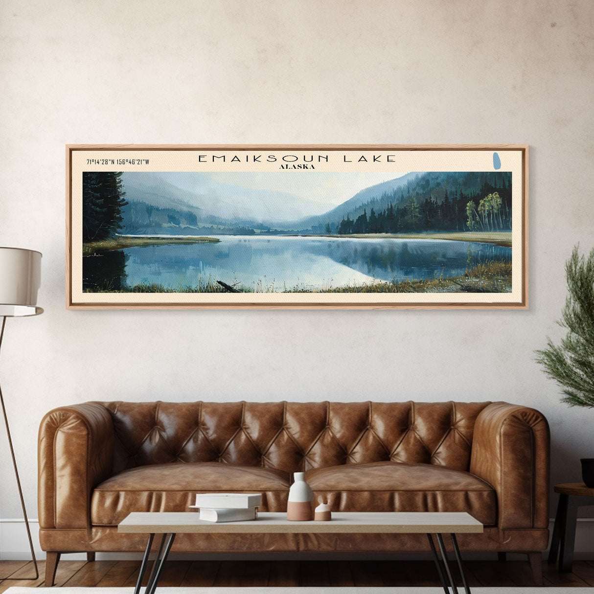 Emaiksoun Lake Framed Canvas Print, Lake House Art, Panoramic Wall Art, Travel Poster, Modern Lake Painting, Home Decor