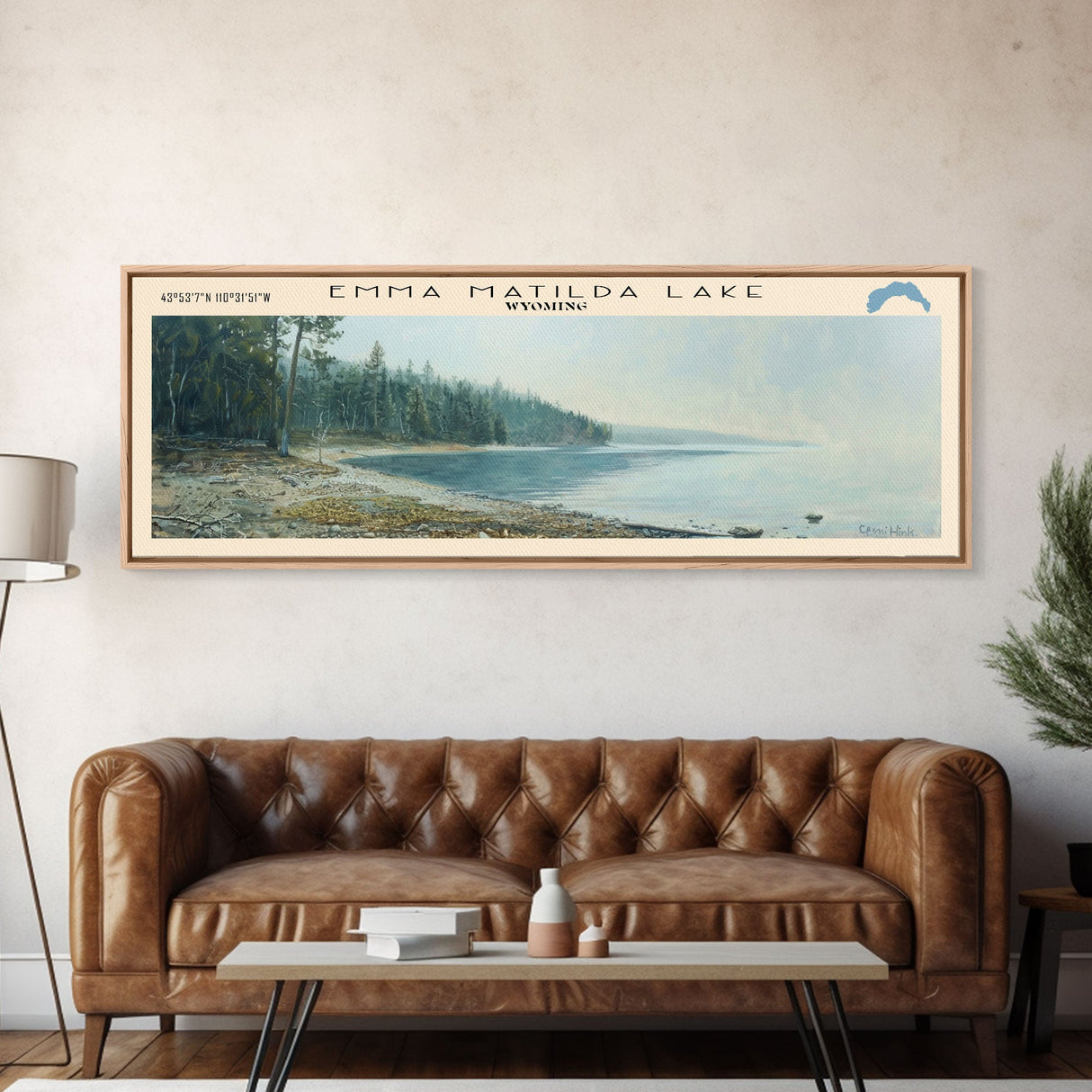 Emma Matilda Lake Wyoming Framed Canvas Print, Lake House Decor, Panoramic Wall Art, Travel Poster, Modern Lake Painting, Nature Art