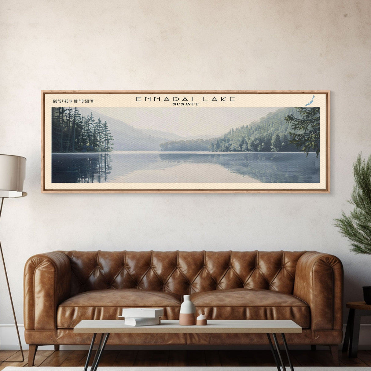 Ennadai Lake Framed Canvas Print, Lake House Decor, Panoramic Wall Art, Travel Poster, Rustic Lake Painting, Home Decor