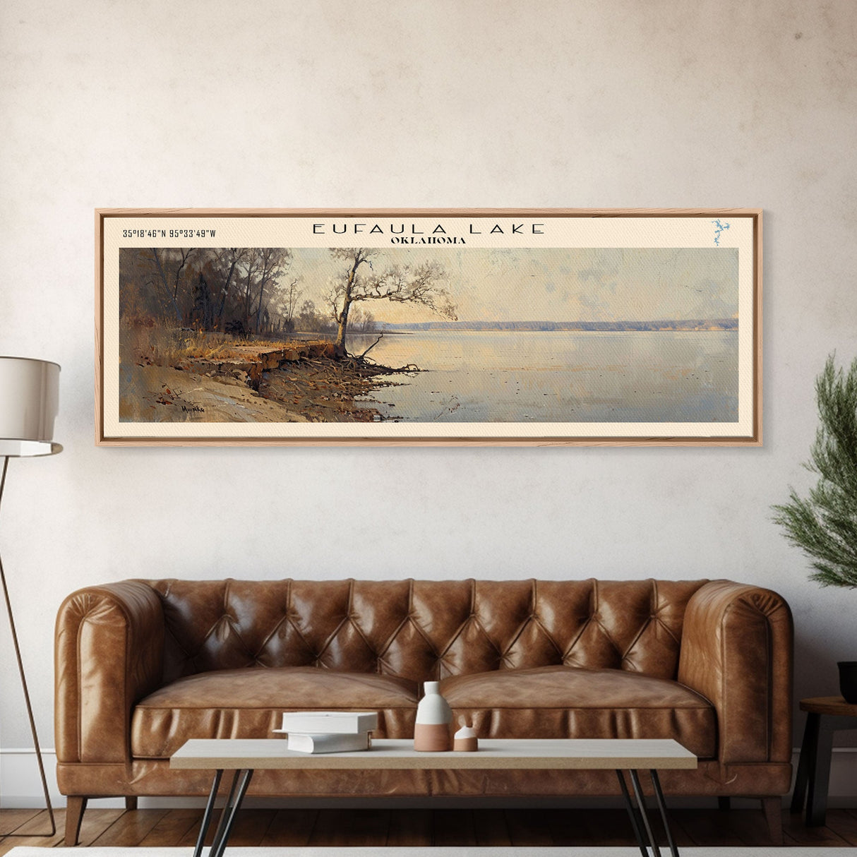 Eufaula Lake Oklahoma Framed Canvas Print, Lake House Art, Panoramic Wall Art, Travel Poster, Modern Lake Painting, Nature Art