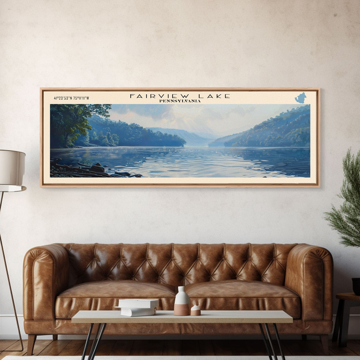 Fairview Lake Pennsylvania Framed Canvas Print, Lake House Decor, Panoramic Wall Art, Travel Poster, Rustic Lake Painting, Home Decor