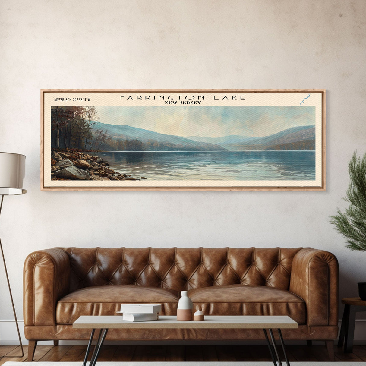 Farrington Lake New Jersey Framed Canvas Print, Lake House Decor, Panoramic Wall Art, Travel Poster, Modern Lake Painting, Nature Art