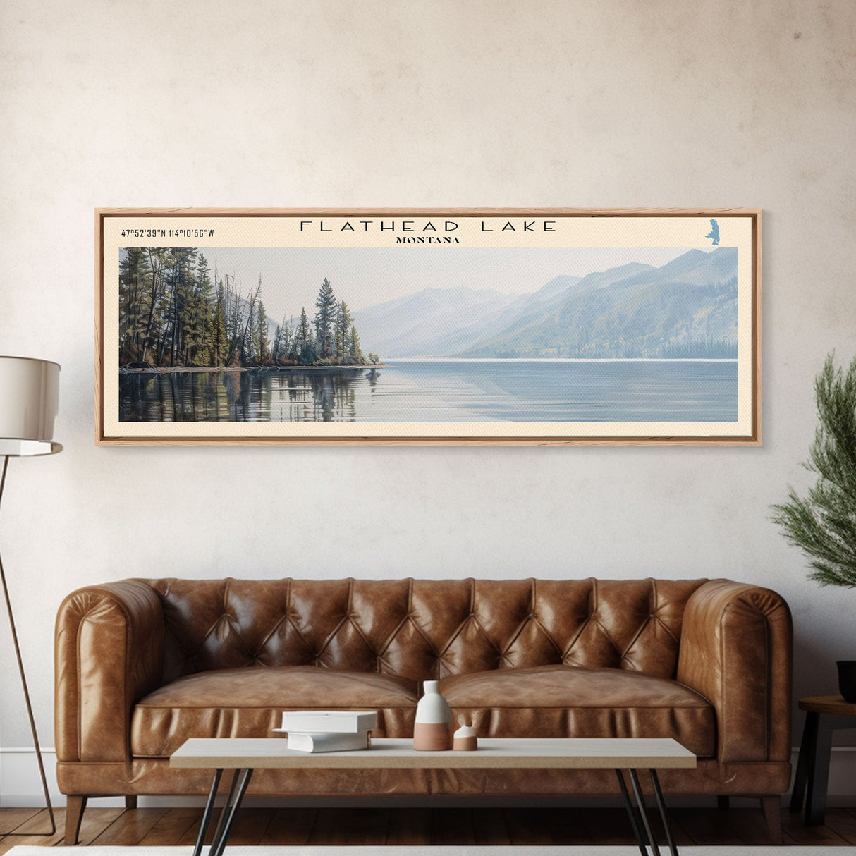 Flathead Lake Framed Canvas Print, Lake House Decor, Panoramic Wall Art, Travel Poster, Picturesque Lake Painting, Nature Art