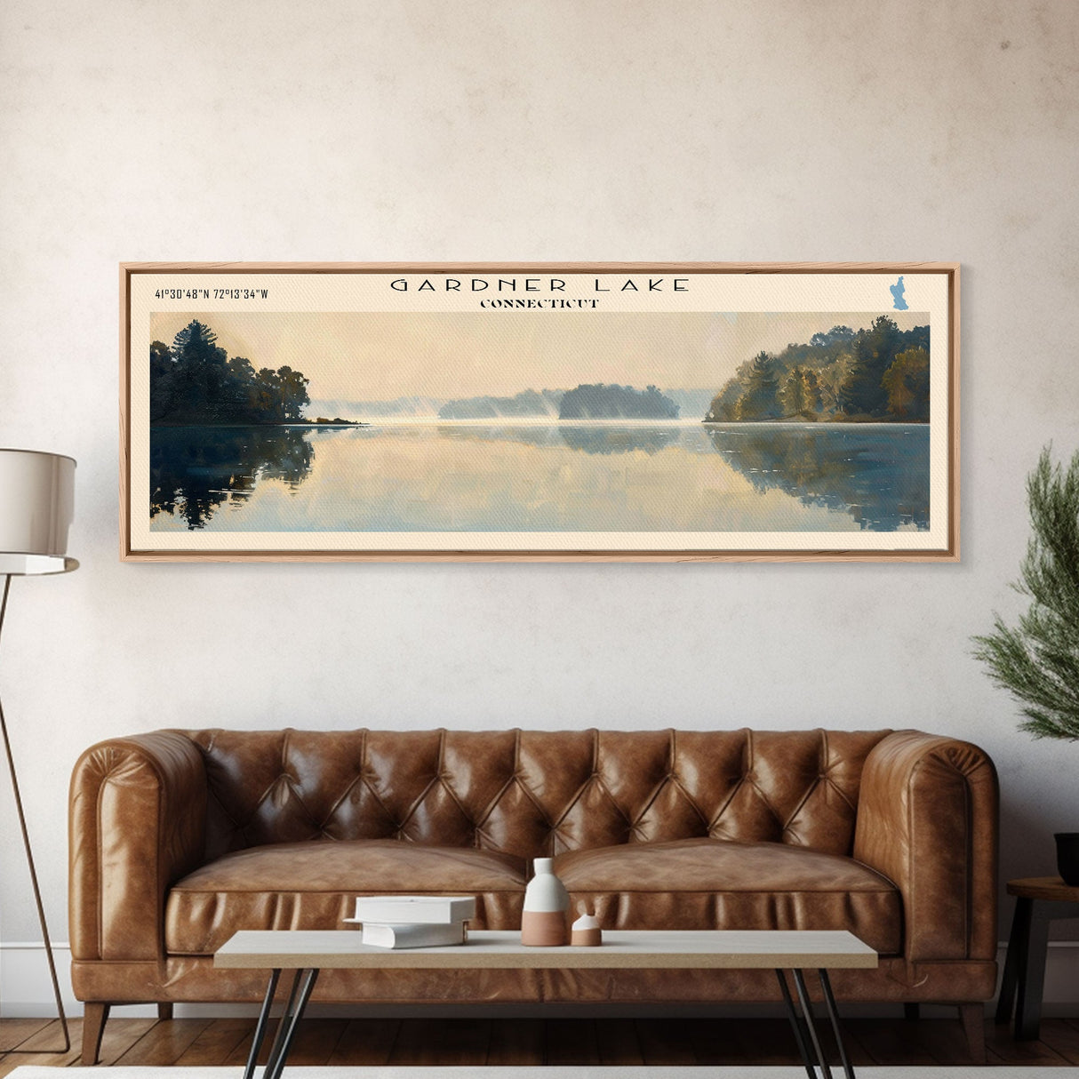 Gardner Lake Connecticut Framed Canvas Print, Lake House Art, Panoramic Wall Art, Travel Poster, Tranquil Lake Painting, Home Decor