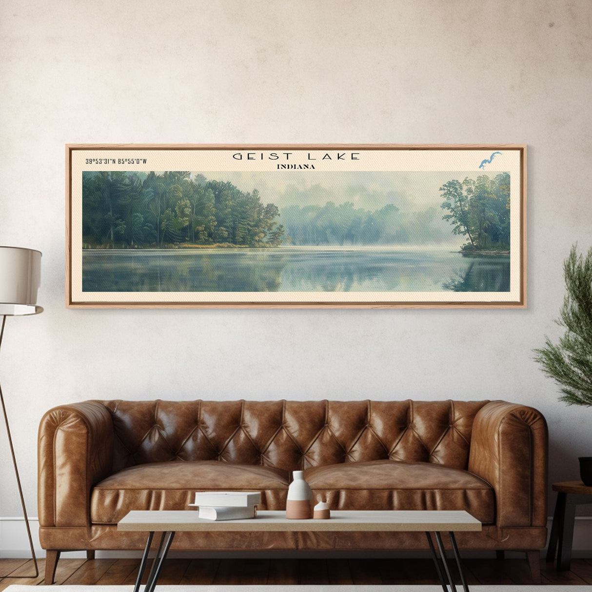 Geist Lake Indiana Framed Canvas Print, Panoramic Lake House Decor, Wall Art, Travel Poster, Peaceful Lake Painting, Nature Art