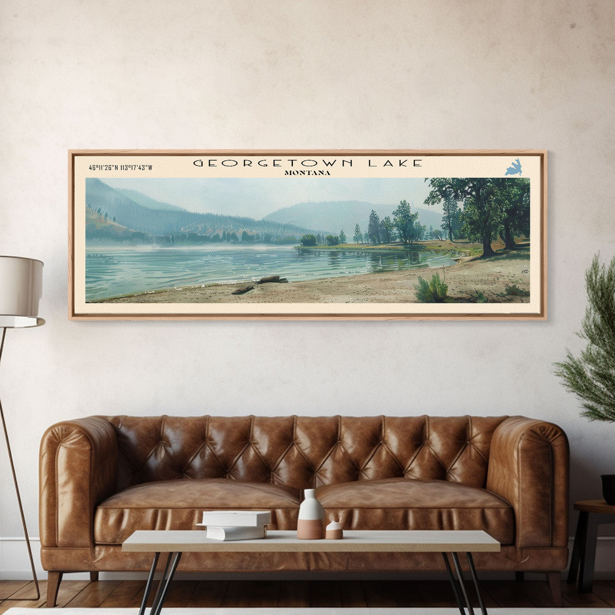 Georgetown Lake Montana Framed Canvas Print, Lake House Art, Panoramic Wall Art, Travel Poster, Scenic Lake Painting, Home Decor