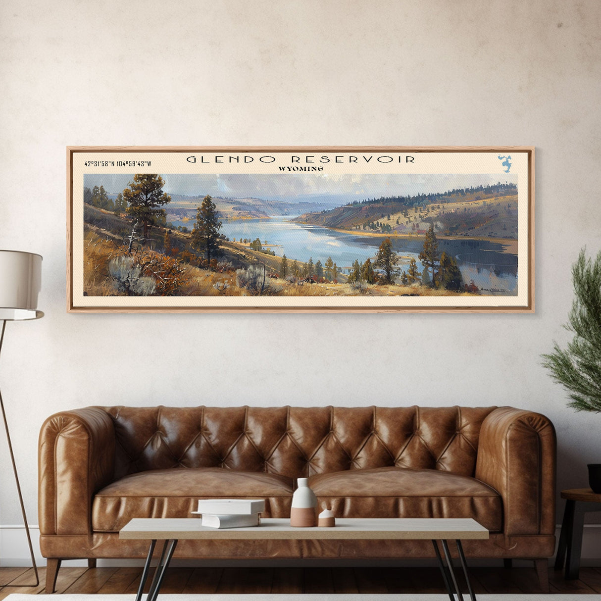 Glendo Reservoir Wyoming Framed Canvas Print, Panoramic Lake House Decor, Wall Art, Travel Poster, Beautiful Lake Painting, Nature Art