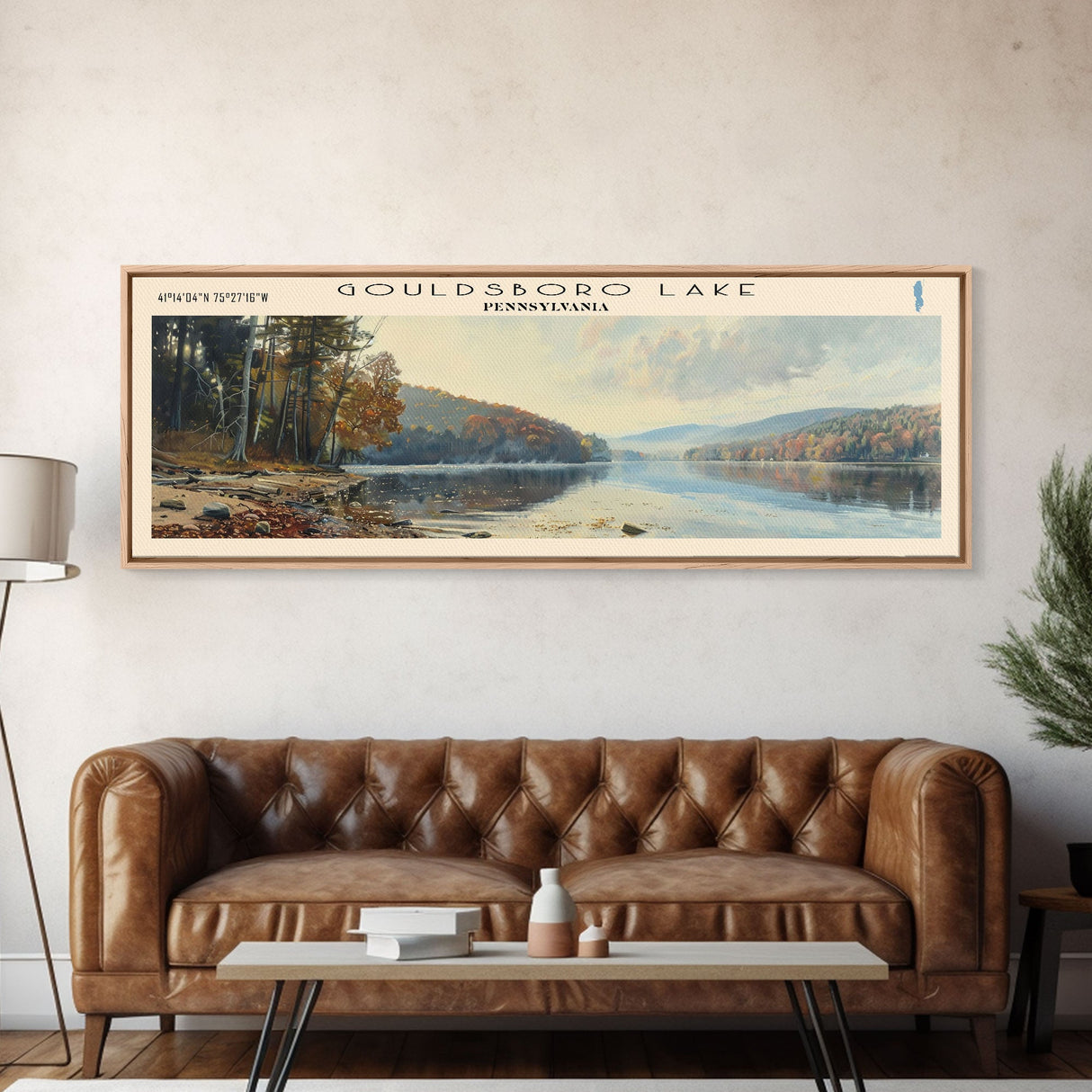 Gouldsboro Lake Pennsylvania Framed Canvas Print, Lake House Art, Panoramic Wall Art, Travel Poster, Serene Lake Painting, Home Decor