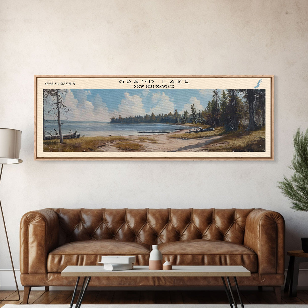 Grand Lake Canada New Brunswick Framed Canvas Print, Panoramic Lake House Decor, Wall Art, Travel Poster, Peaceful Lake Painting, Nature Art