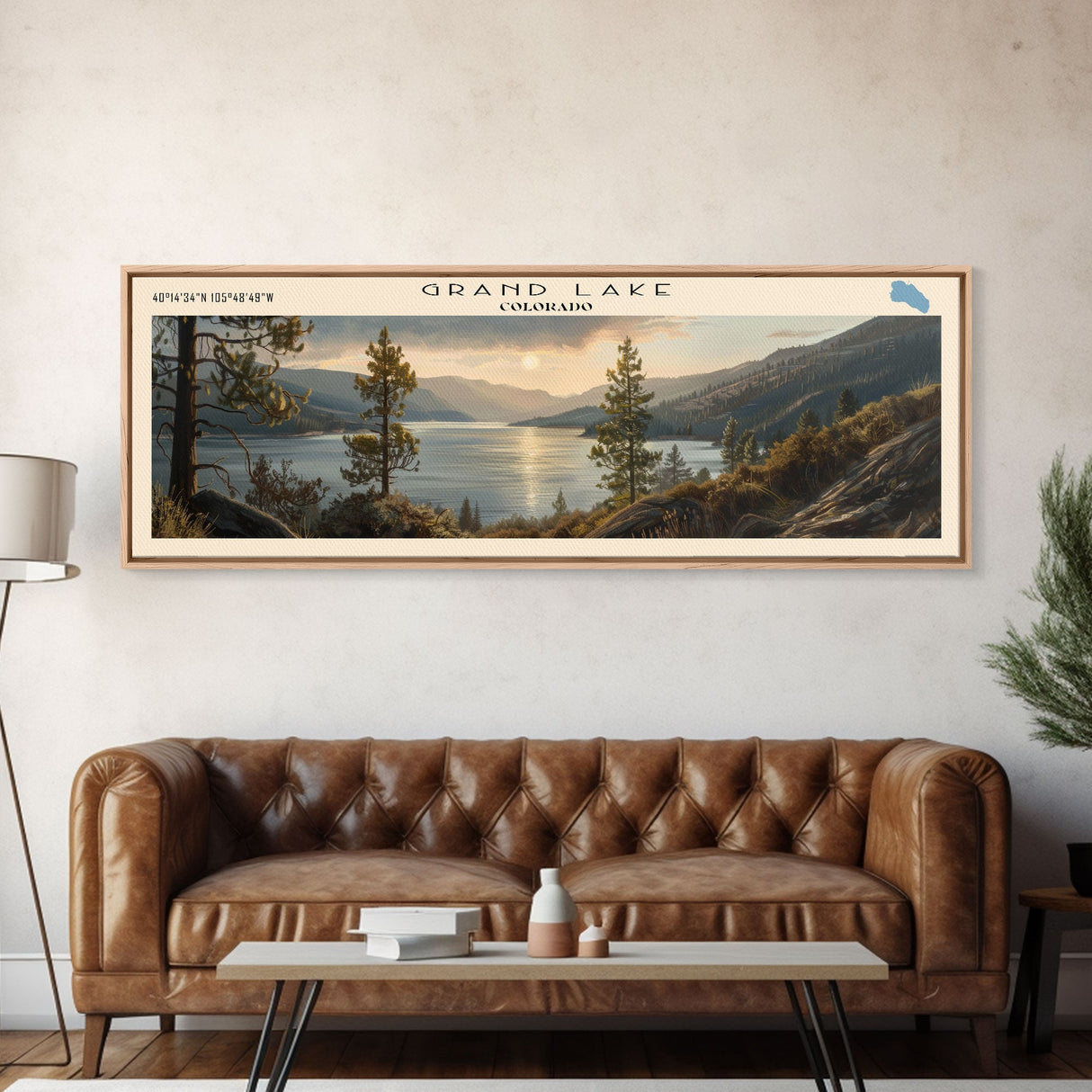 Grand Lake Colorado Framed Canvas Print, Panoramic Lake House Decor, Wall Art, Travel Poster, Stunning Lake Painting, Nature Art