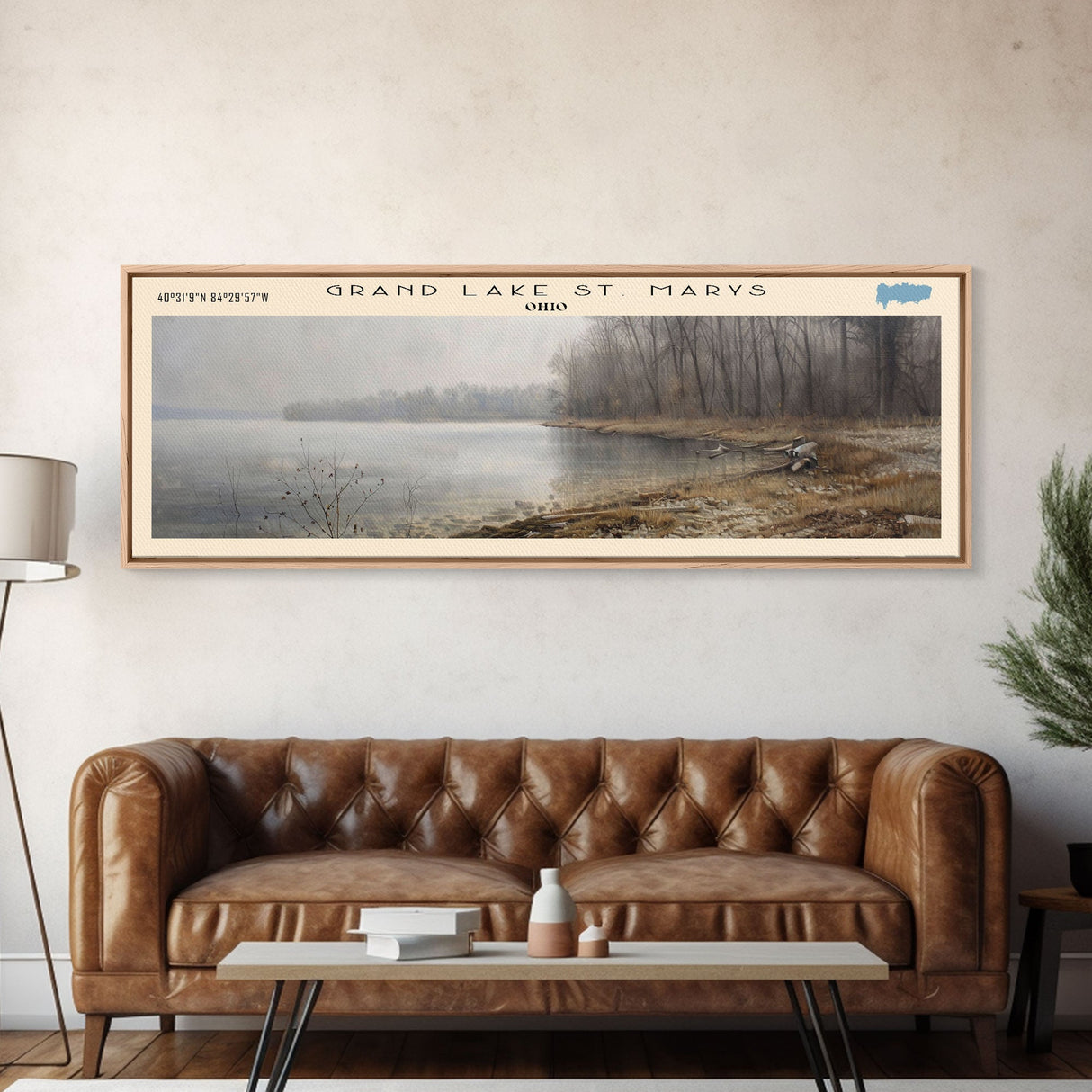 Grand Lake St. Marys Ohio Framed Canvas Print, Lake House Art, Panoramic Wall Art, Travel Poster, Captivating Lake Painting, Home Decor