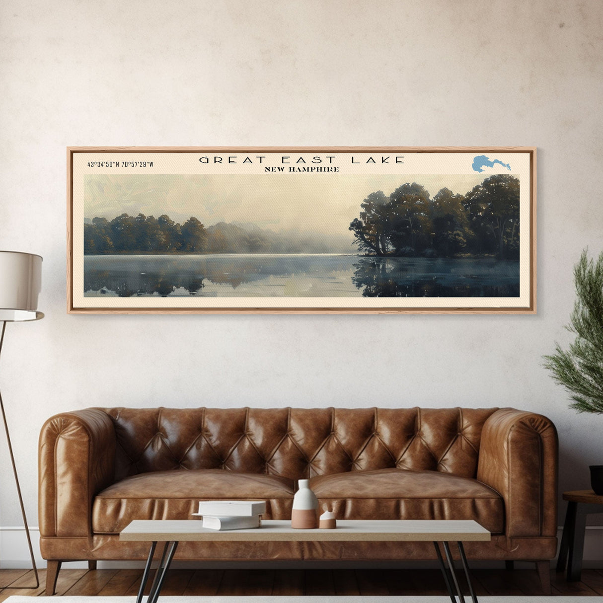 Great East Lake New Hampshire Framed Canvas Print, Panoramic Lake House Decor, Wall Art, Travel Poster, Majestic Lake Painting, Nature Art