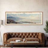 Great Salt Lake Framed Canvas Print, Panoramic Lake House Decor, Wall Art, Travel Poster, Vibrant Lake Painting, Nature Art