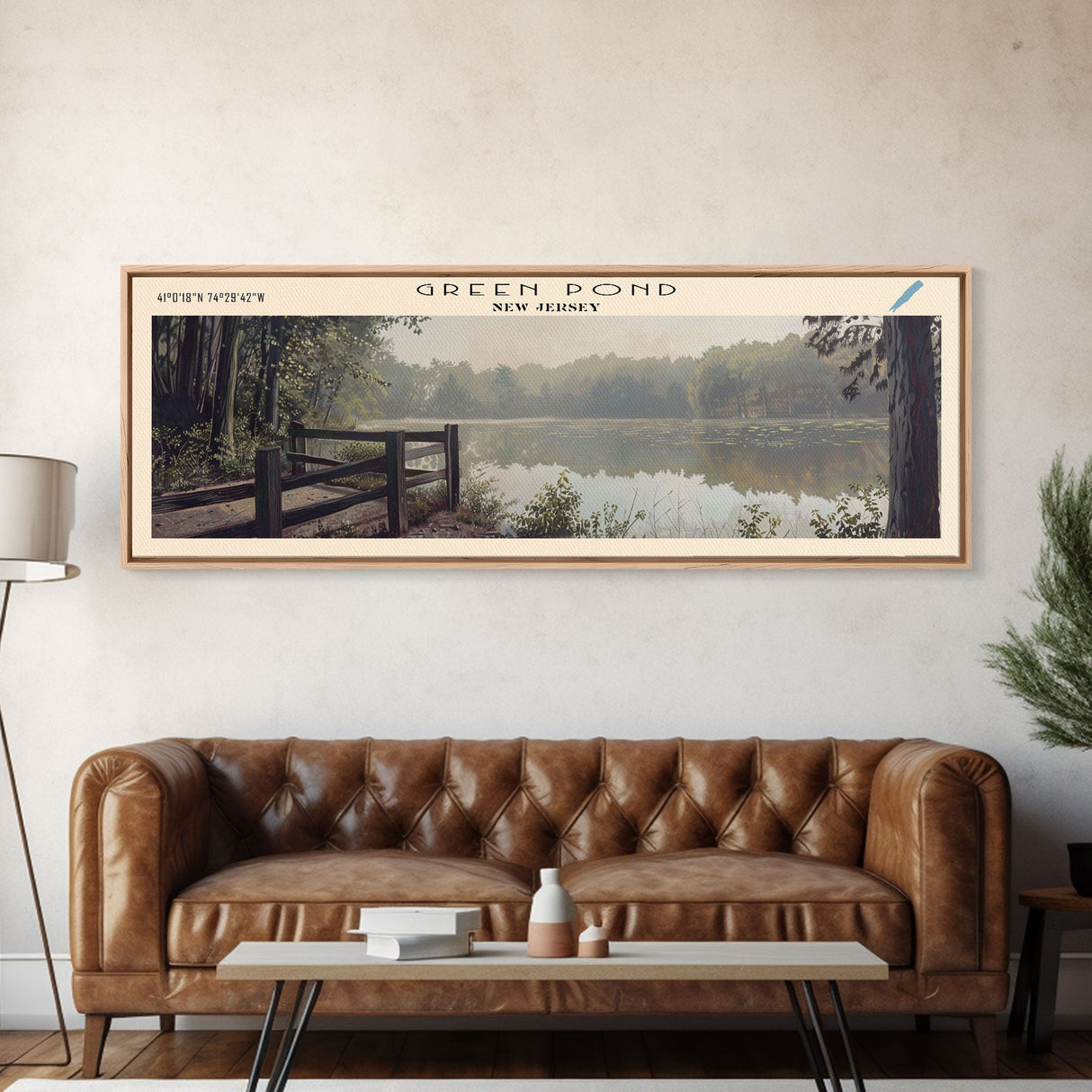 Green Pond New Jersey Framed Canvas Print, Panoramic Lake House Decor, Wall Art, Travel Poster, Tranquil Lake Painting, Nature Art