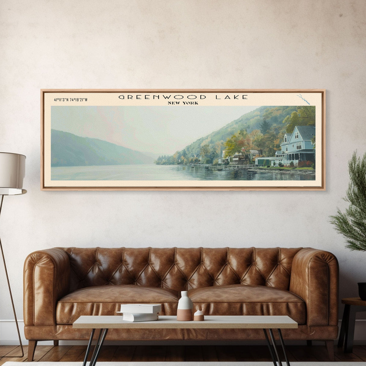 Greenwood Lake New York Framed Canvas Print, Lake House Art, Panoramic Wall Art, Travel Poster, Peaceful Lake Painting, Home Decor