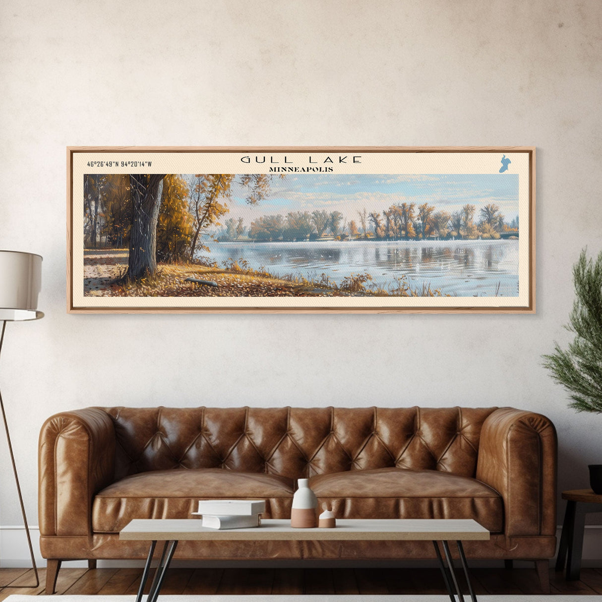 Gull Lake Minneapolis Framed Canvas Print, Lake House Art, Panoramic Wall Art, Travel Poster, Serene Lake Painting, Home Decor