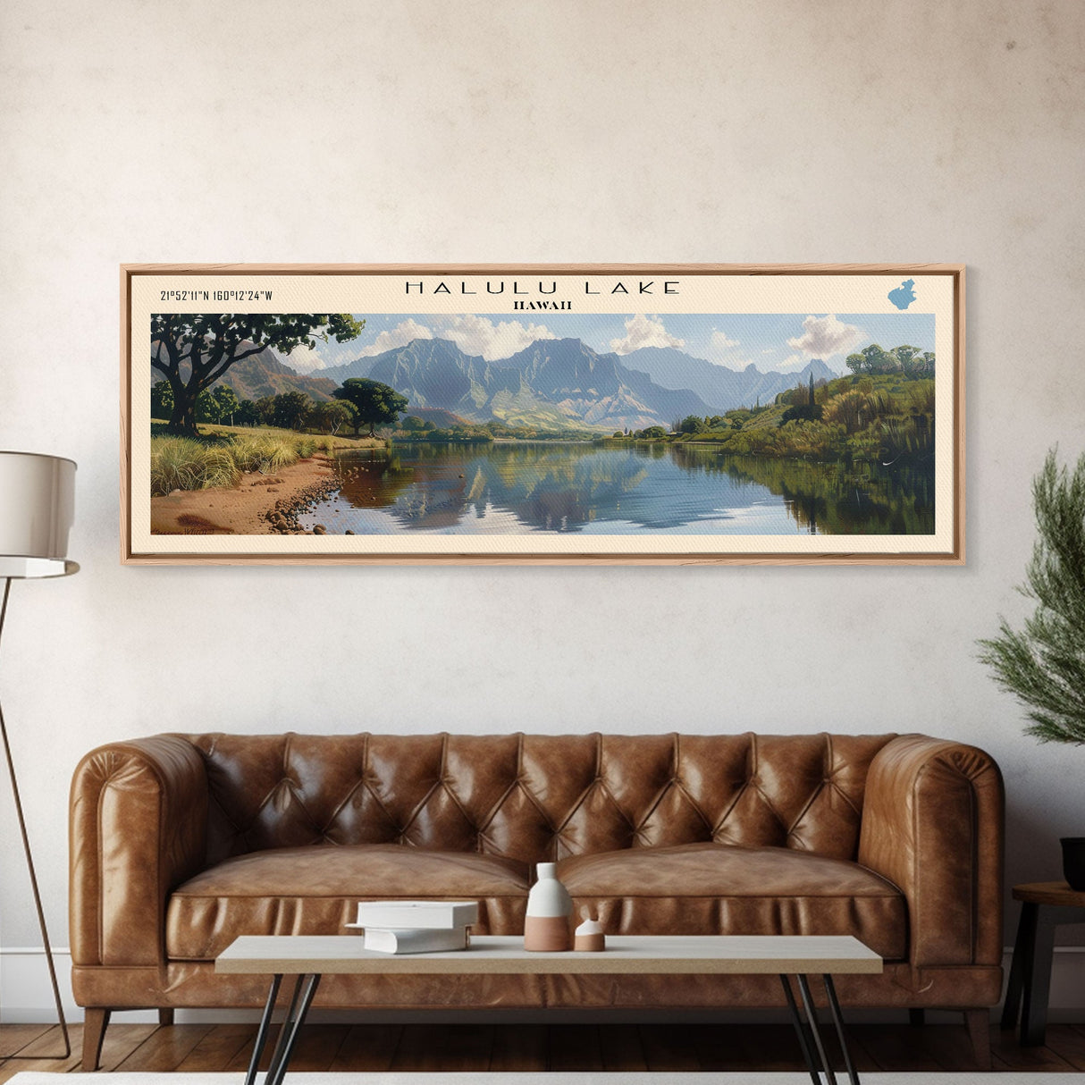 Halulu Lake Hawaii Framed Canvas Print, Lake House Art, Panoramic Wall Art, Travel Poster, Beautiful Lake Painting, Home Decor