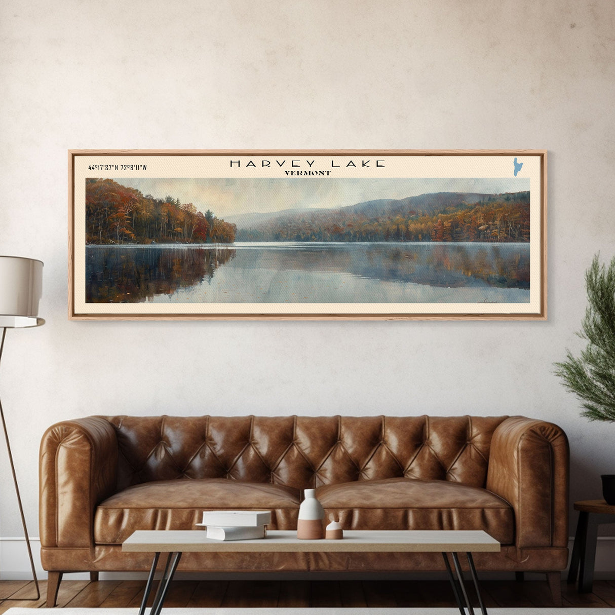 Harvey Lake Vermont Framed Canvas Print, Lake House Decor, Panoramic Wall Art, Travel Poster, Captivating Lake Painting, Nature Art