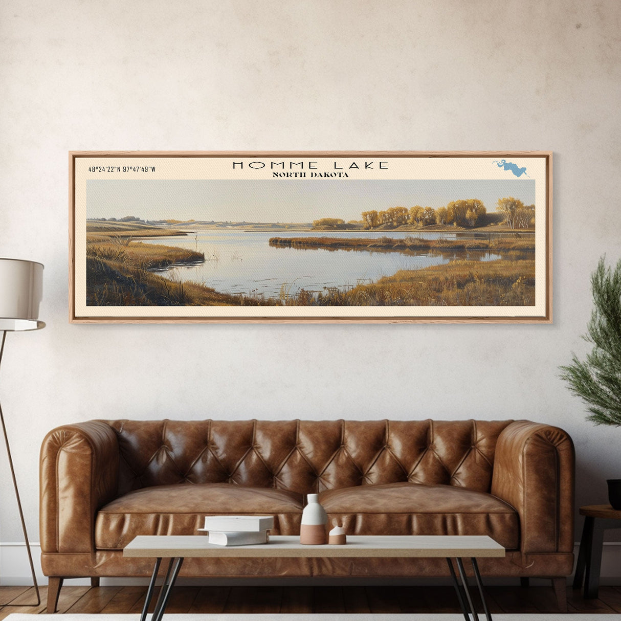 Homme Lake North Dakota Framed Canvas Print, Lake House Decor, Panoramic Wall Art, Travel Poster, Beautiful Lake Painting, Nature Art